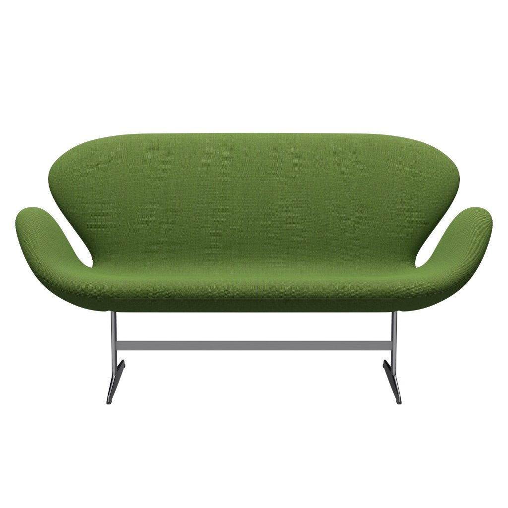 弗里茨·汉森·天鹅沙发2座位，缎面拉丝铝/钢丝三重草绿色