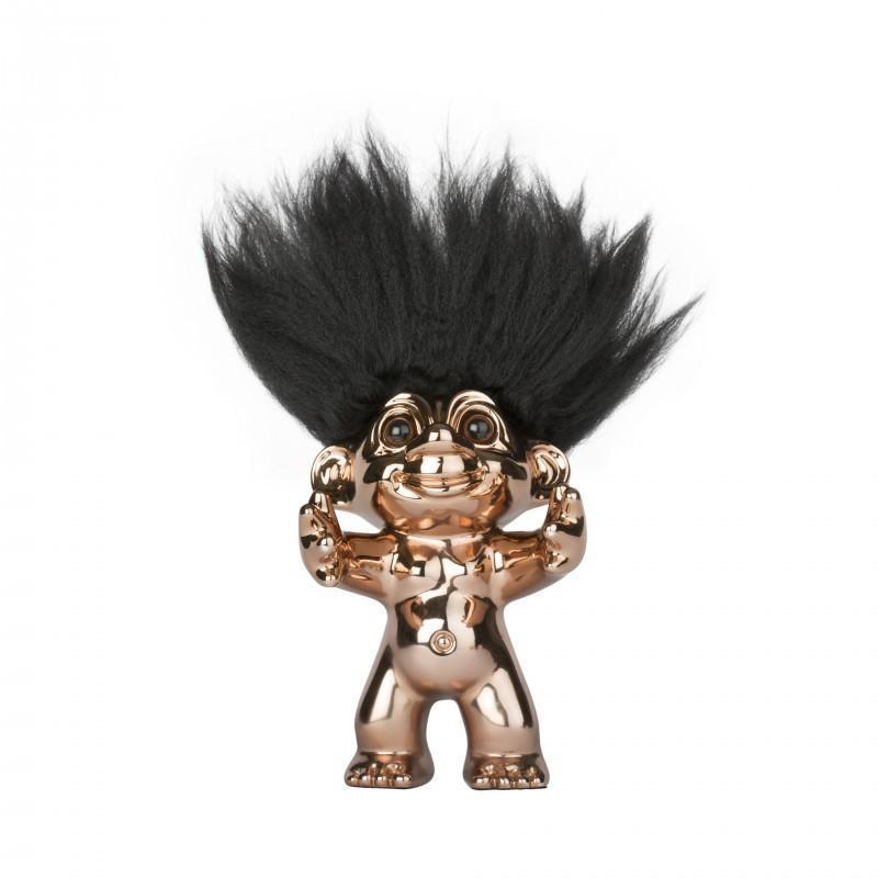 Goodlucktroll brons/ zwart haar, 12 cm
