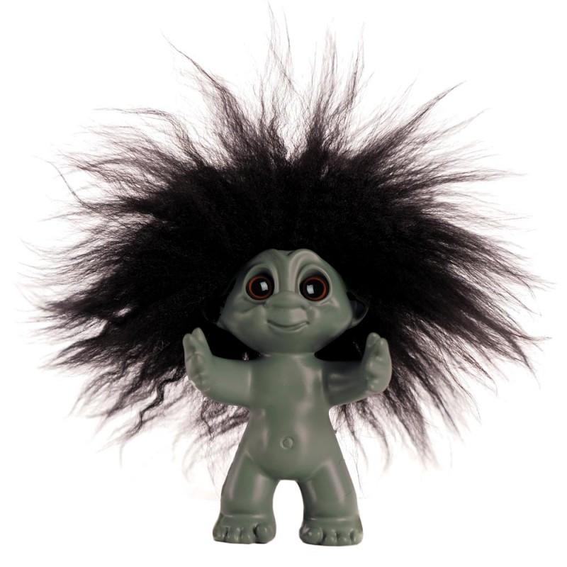 Goodlucktroll groen/ zwart haar, 9 cm