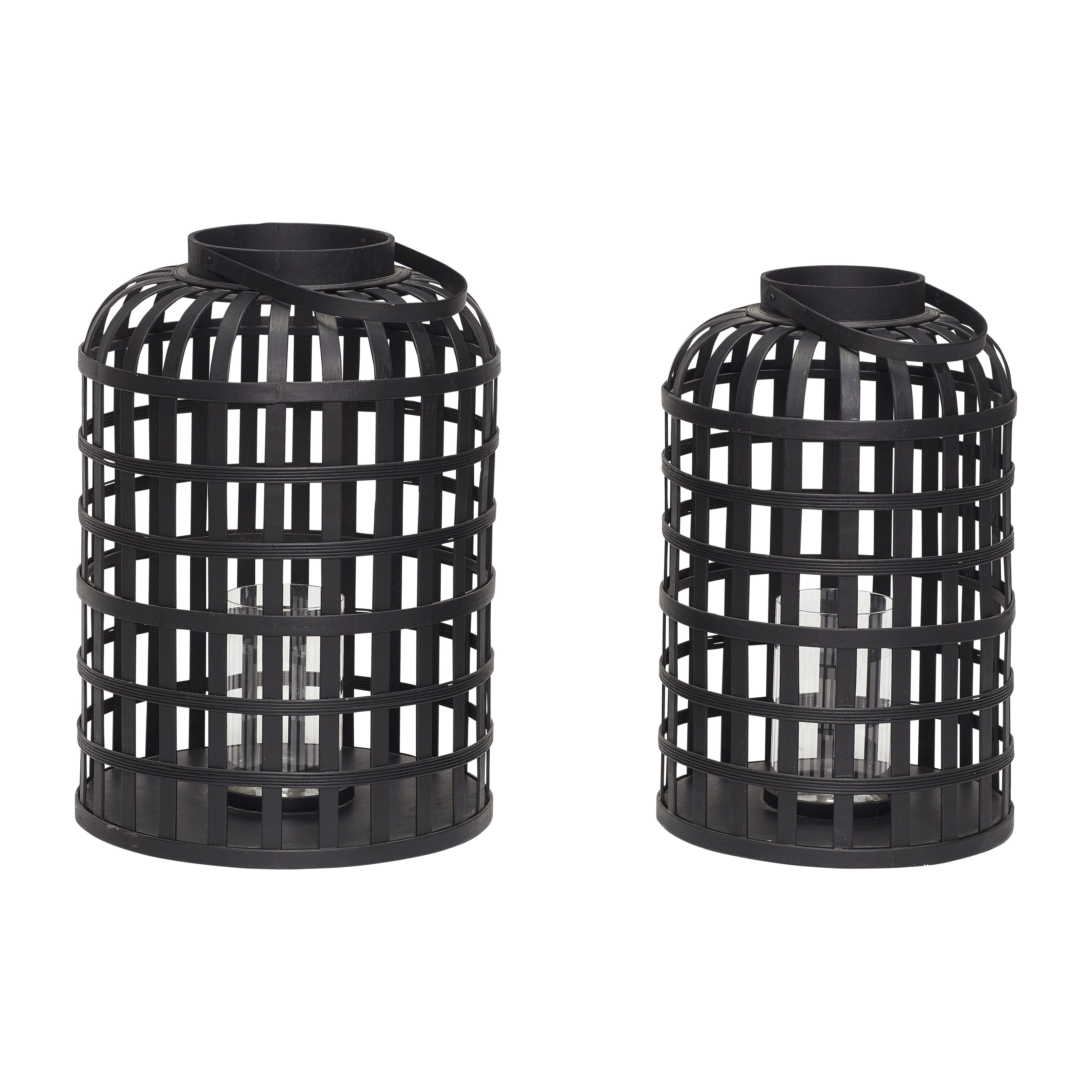 Hübsch Grid Lantern Round Bamboo Black Set van 2