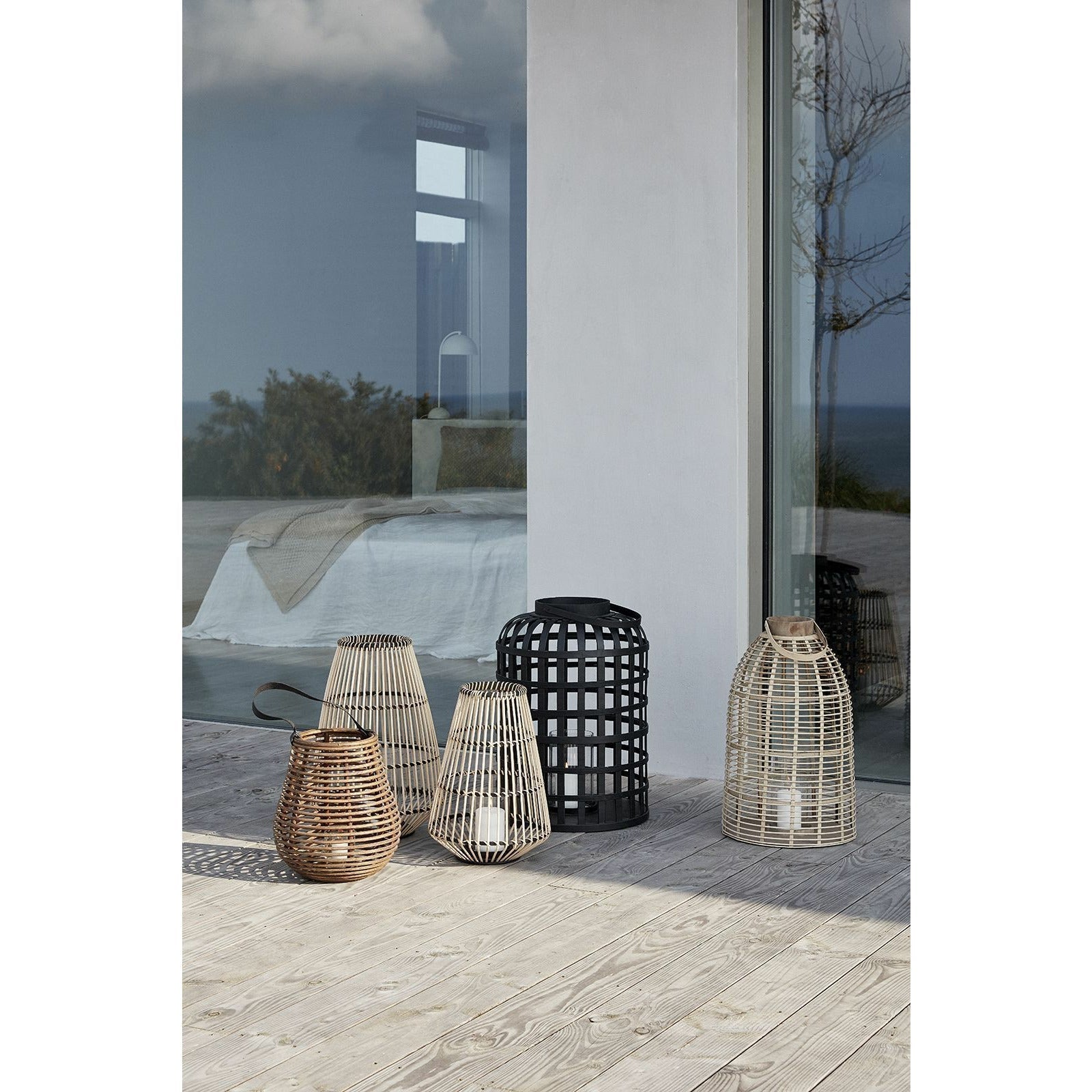 Hübsch Grid Lantern Round Bamboo Black Set de 2