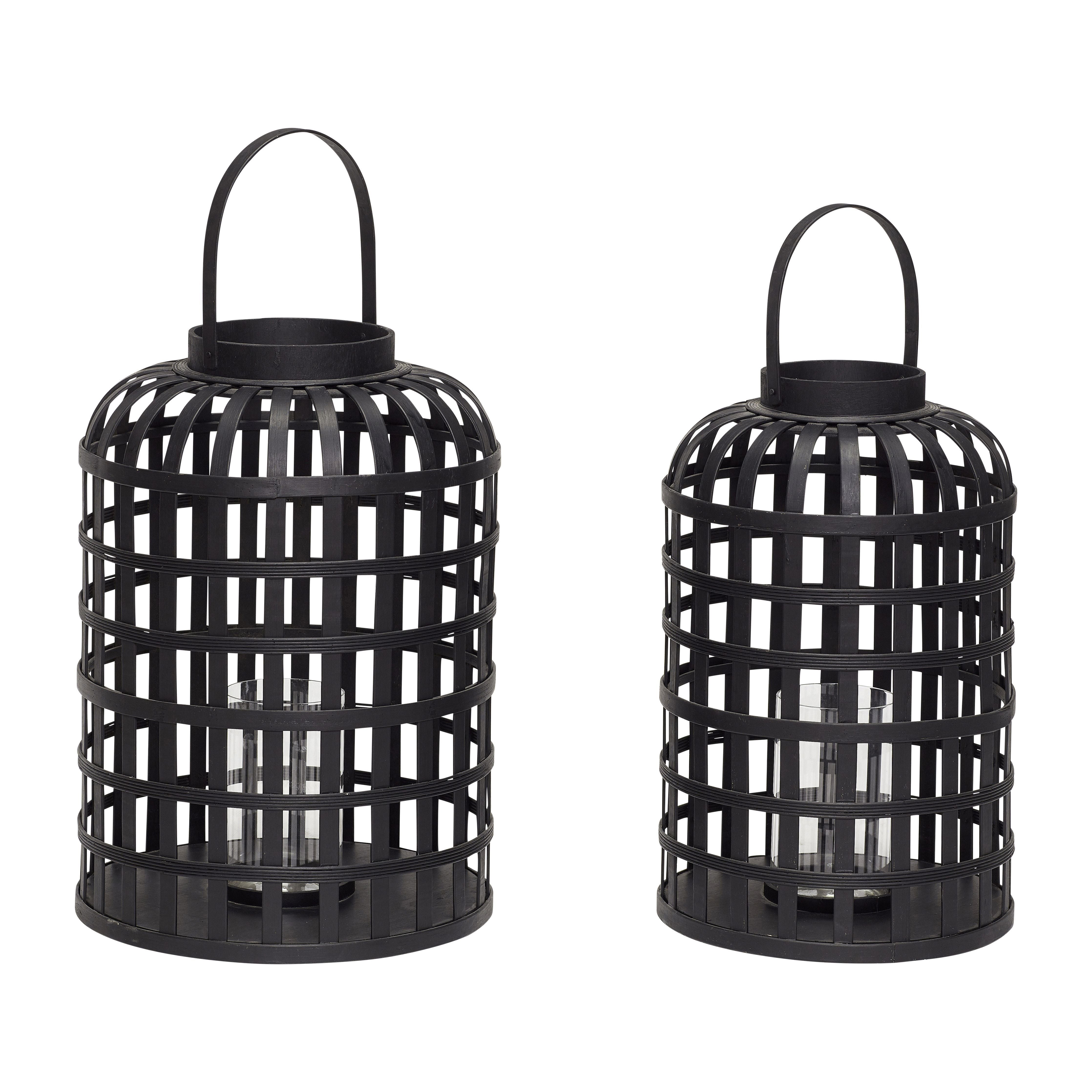 Hübsch Grid Lantern Round Bamboo Black Set de 2