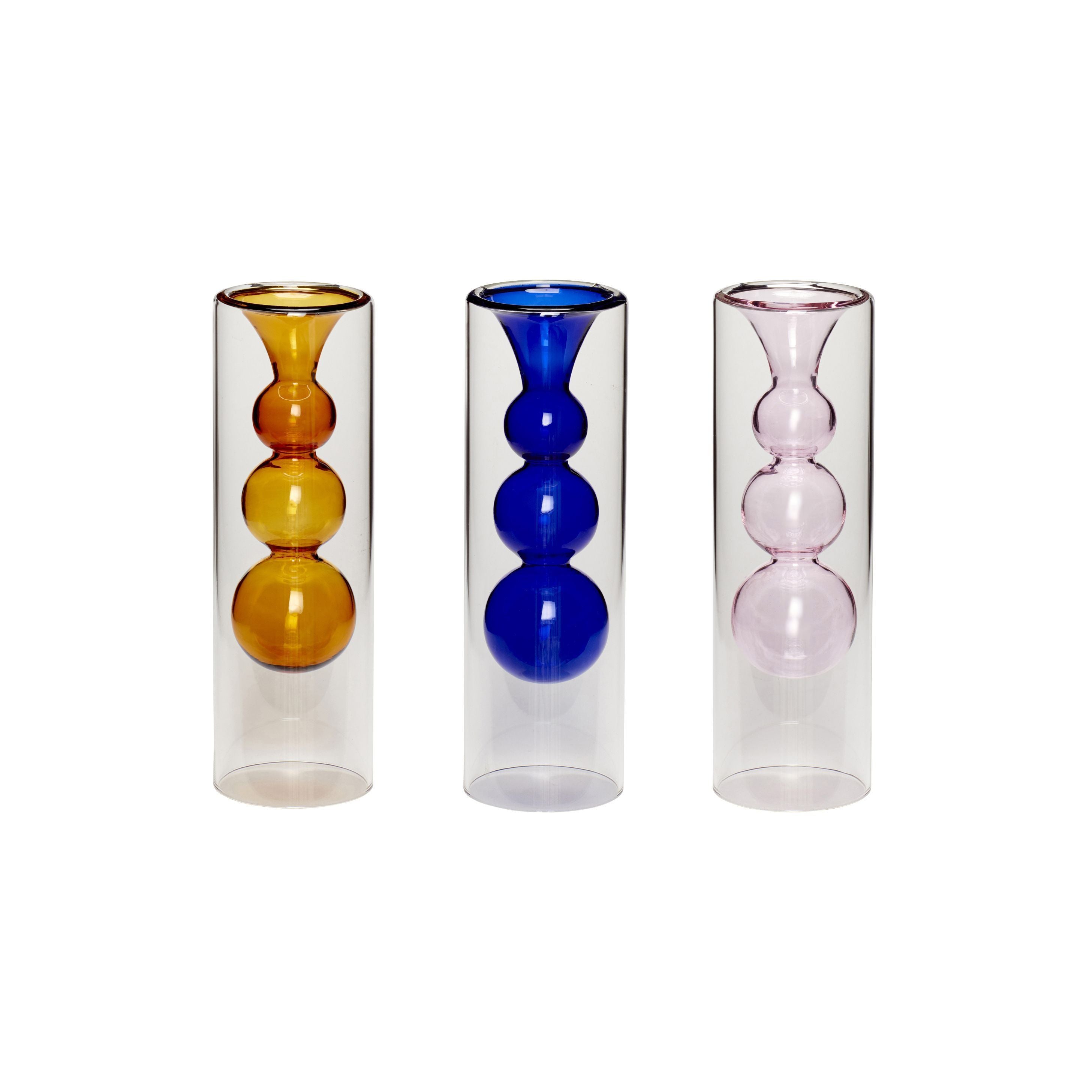 Hübsch Speel vaasglas amber/blauw/roze set van 3