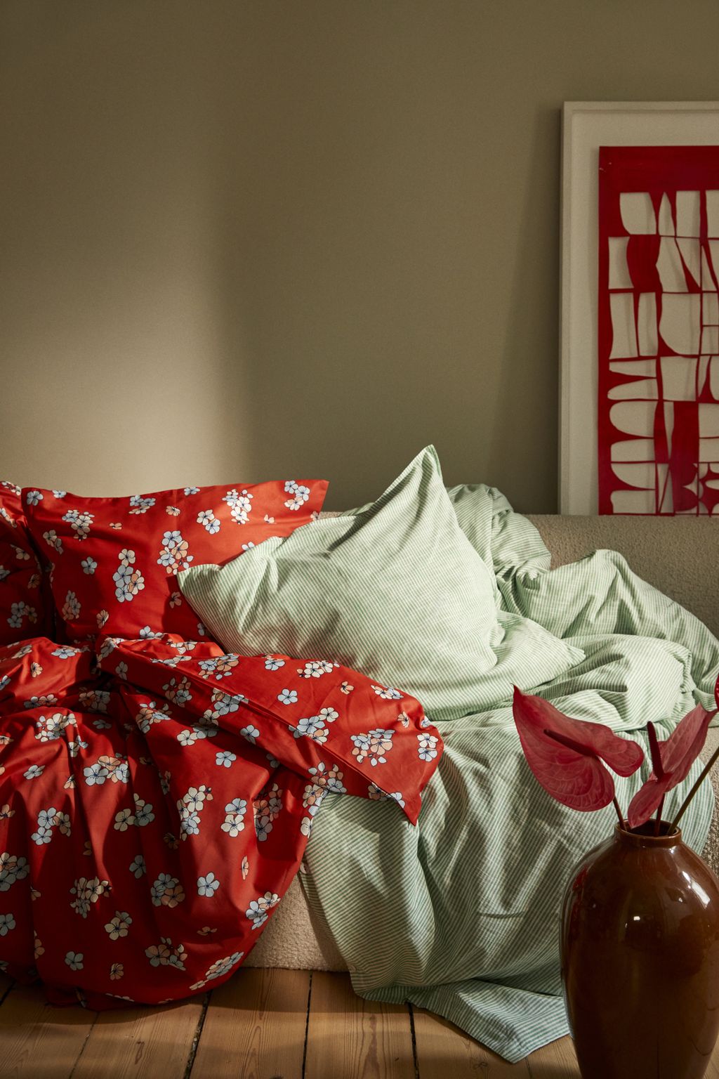 Juna Monokrom linjer sängkläder 140 x220 cm, grönt/vitt