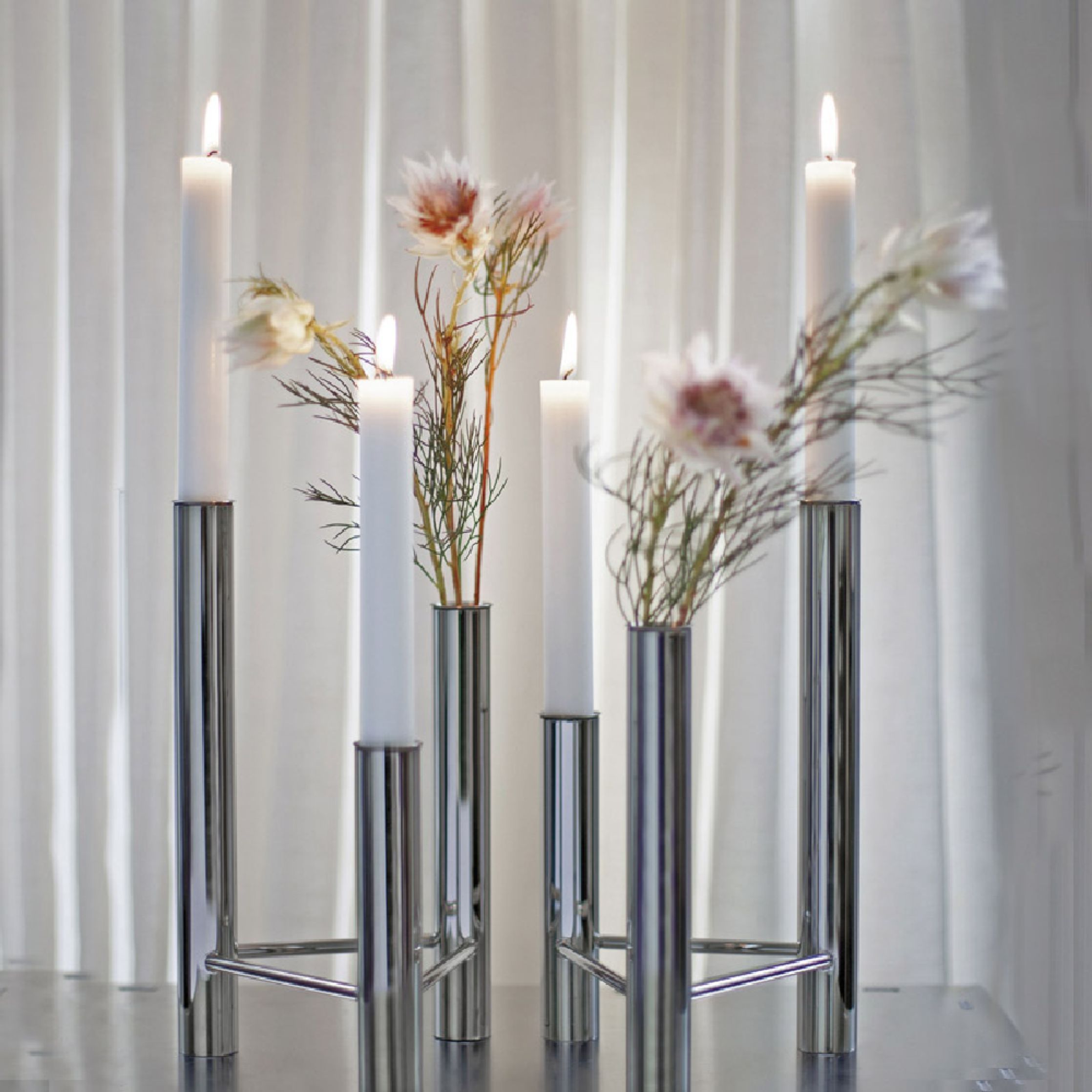 Kay Bojesen Vista Vase and Candlestick, Matte Steel Steel