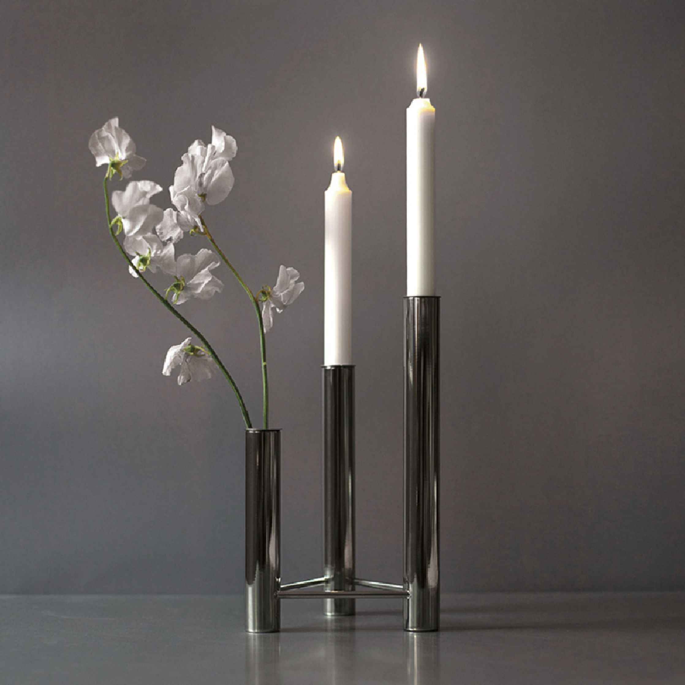 Kay Bojesen Vista Vase und Candlestick, Matte Steele Steel