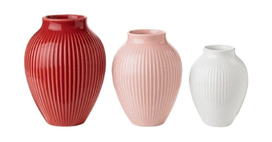 Knabstrup Keramik Vase mit Rillen 3er Set 11/9,5/8 Cm, Bordeaux/Pink/Weiß
