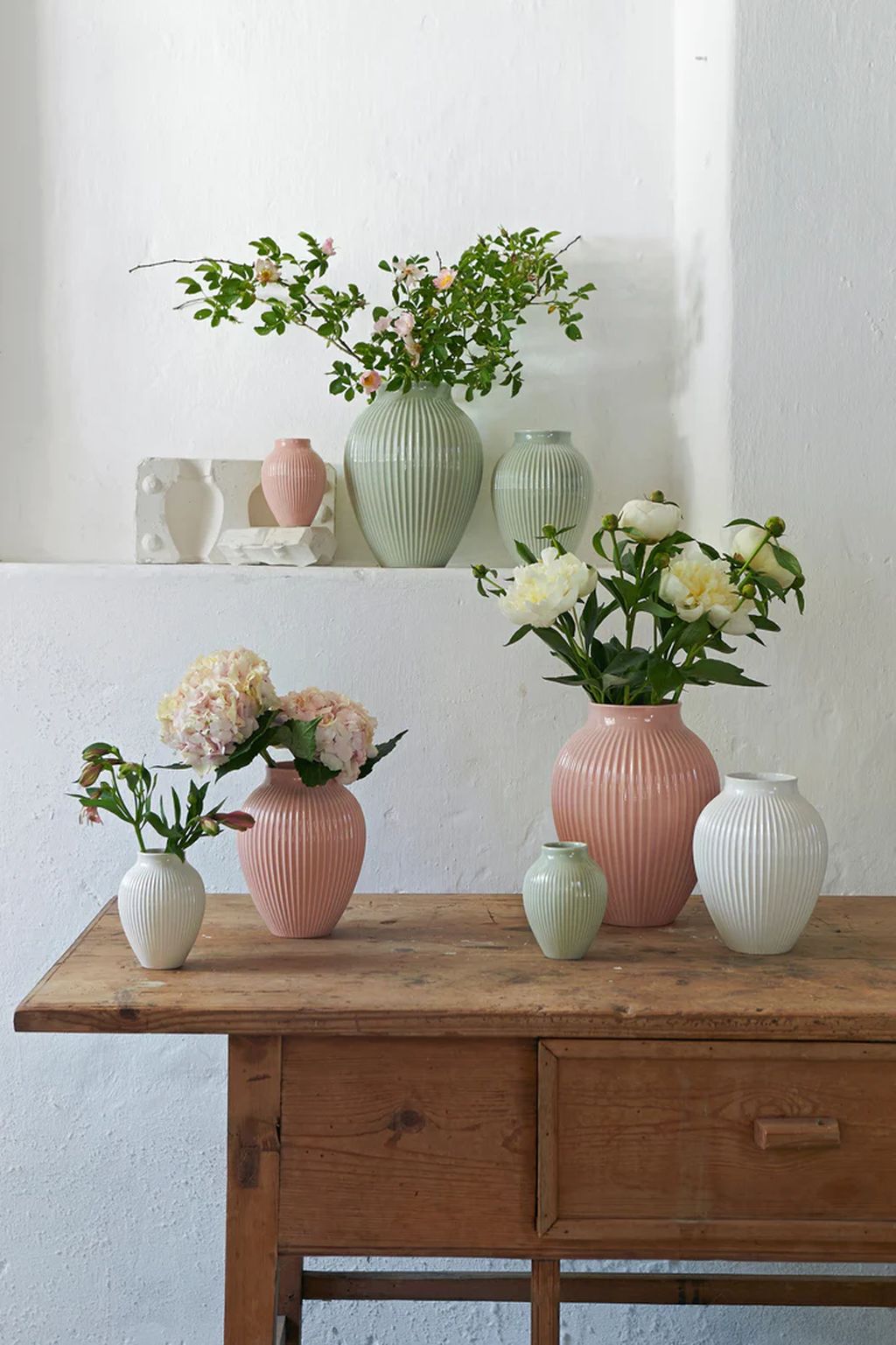 Knabstrup Keramik Vase mit Rillen H 12,5 Cm, Mintgrün