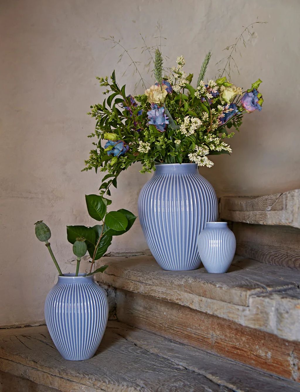 Knabstrup Keramik Vaas met groeven H 20 cm, lavendelblauw