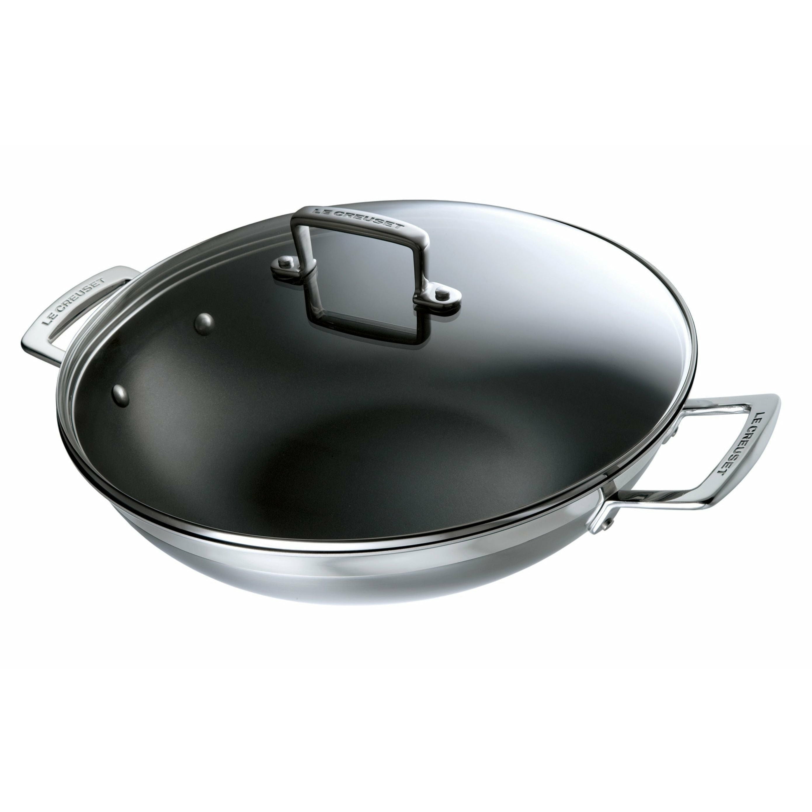 Le Creuset 3 plis en acier inoxydable wok sans bâton avec couvercle en verre 4,3 L, 30 cm