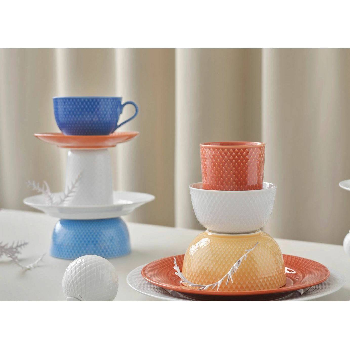 Lyngby Porcelæn Rhombe Color Tea Cup met schotel, blauw/terracotta