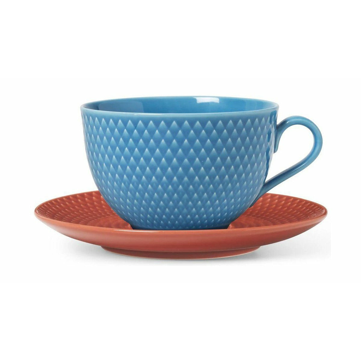 Lyngby Porcelæn Rhombe Color Teetasse mit Untertasse, Blau/Terrakotta