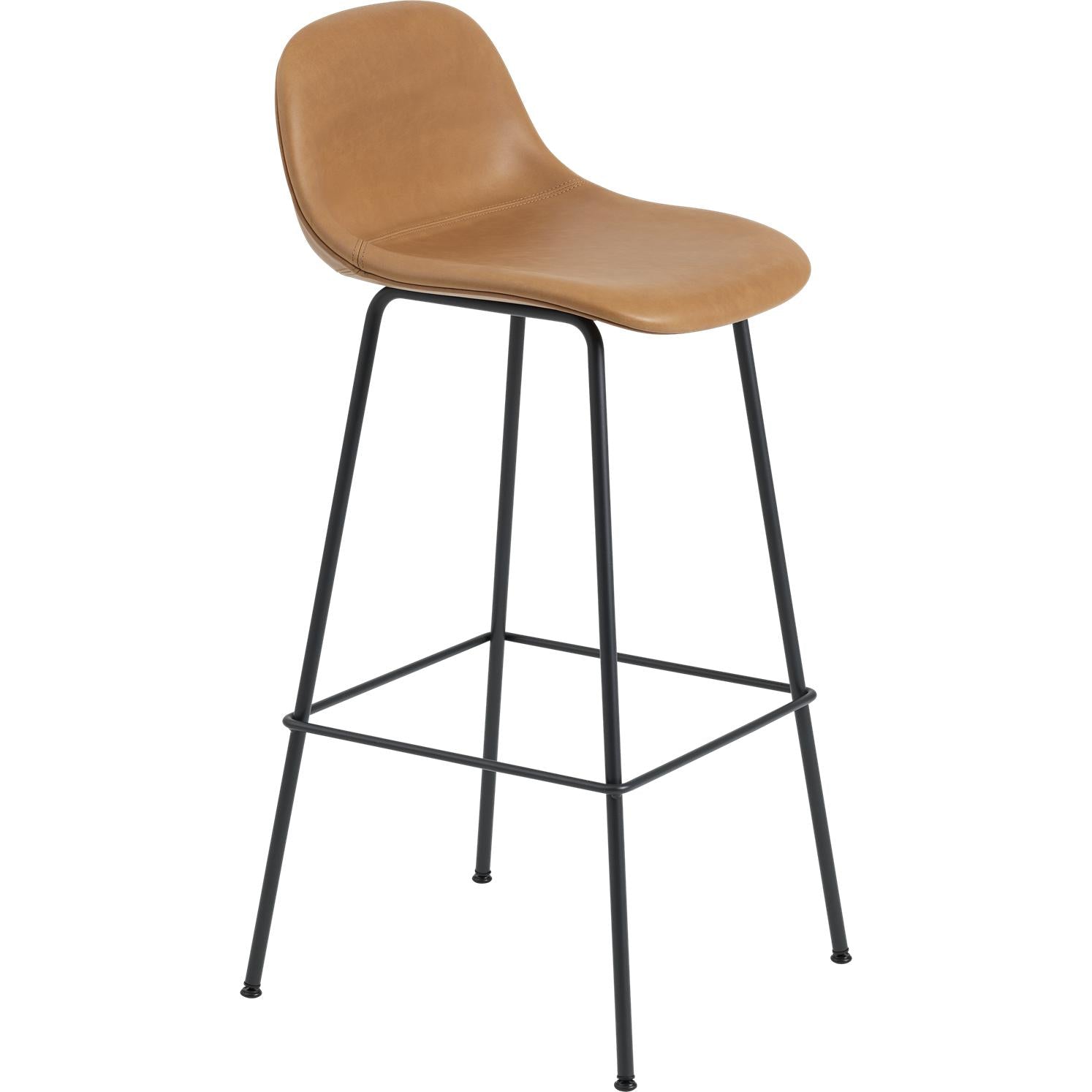 Muuto Chaise de bar à fibre avec base de tube de dossier, siège en fibre / cuir, cuir cognac marron