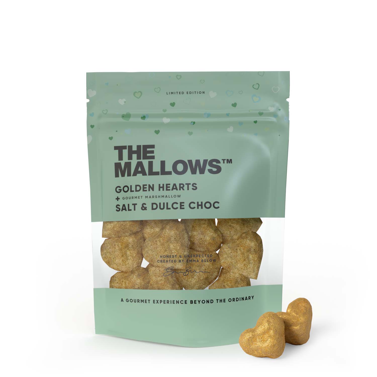 The Mallows Vaahtokarkkeja, joissa on dulce -suklaa ja suola kultaiset sydämet, 90 g