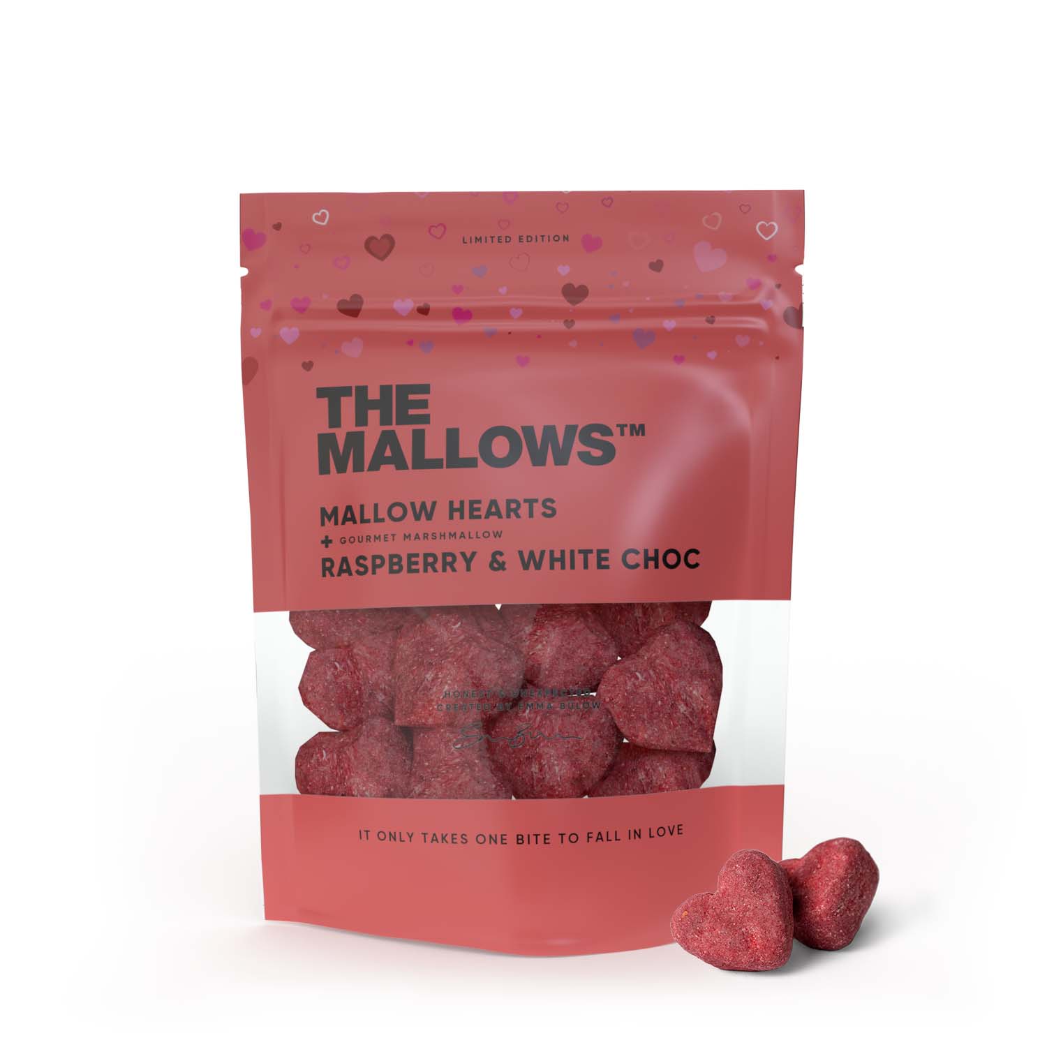 The Mallows Marshmallows med vit choklad & hallon Mallow Hearts, 90 g