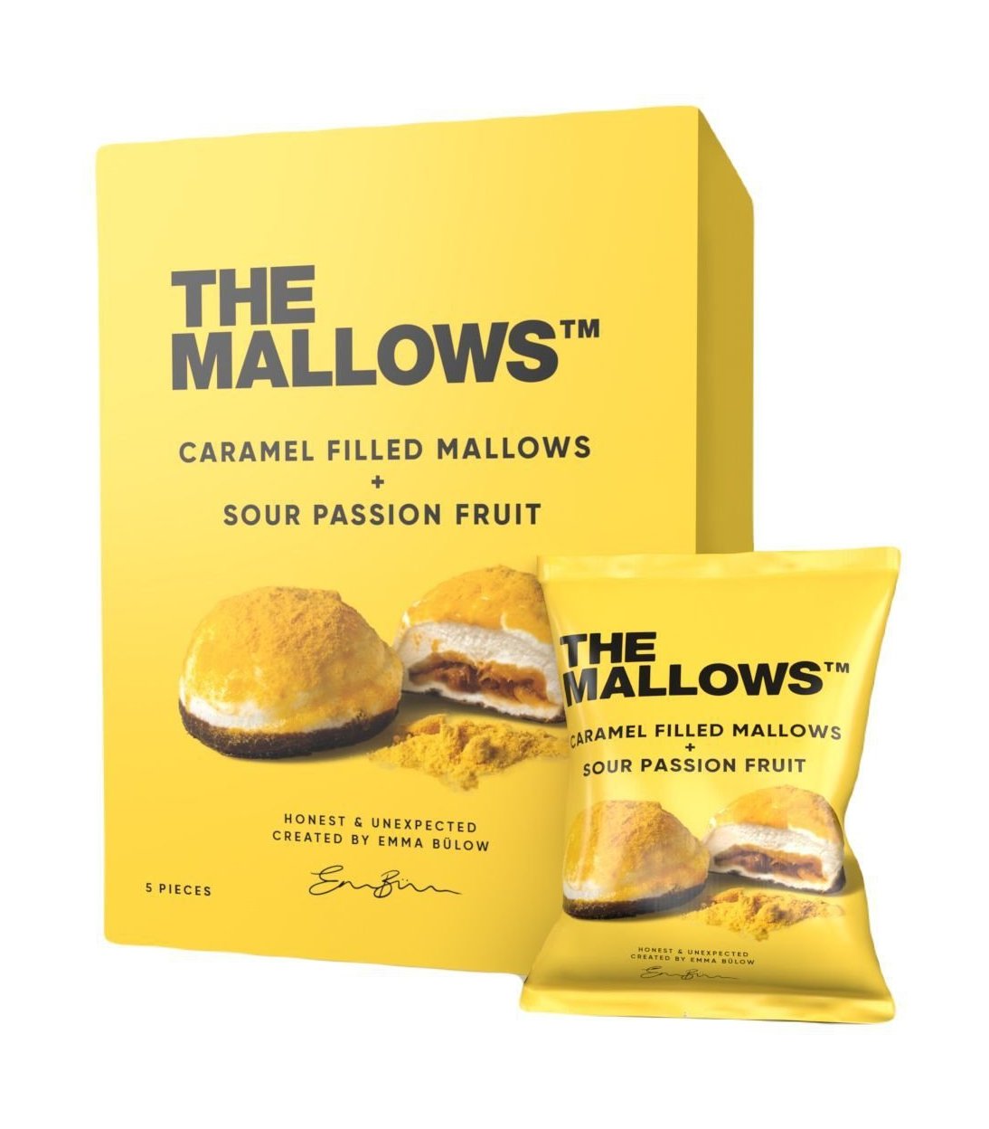 Mallows marshmallows med karamellfylling av sur pasjonsfrukt, 55g