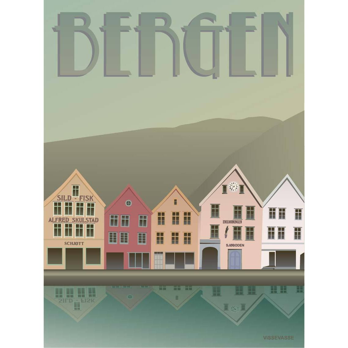 Vissevasse Bergen Bryggen veggspjald, 15 x21 cm