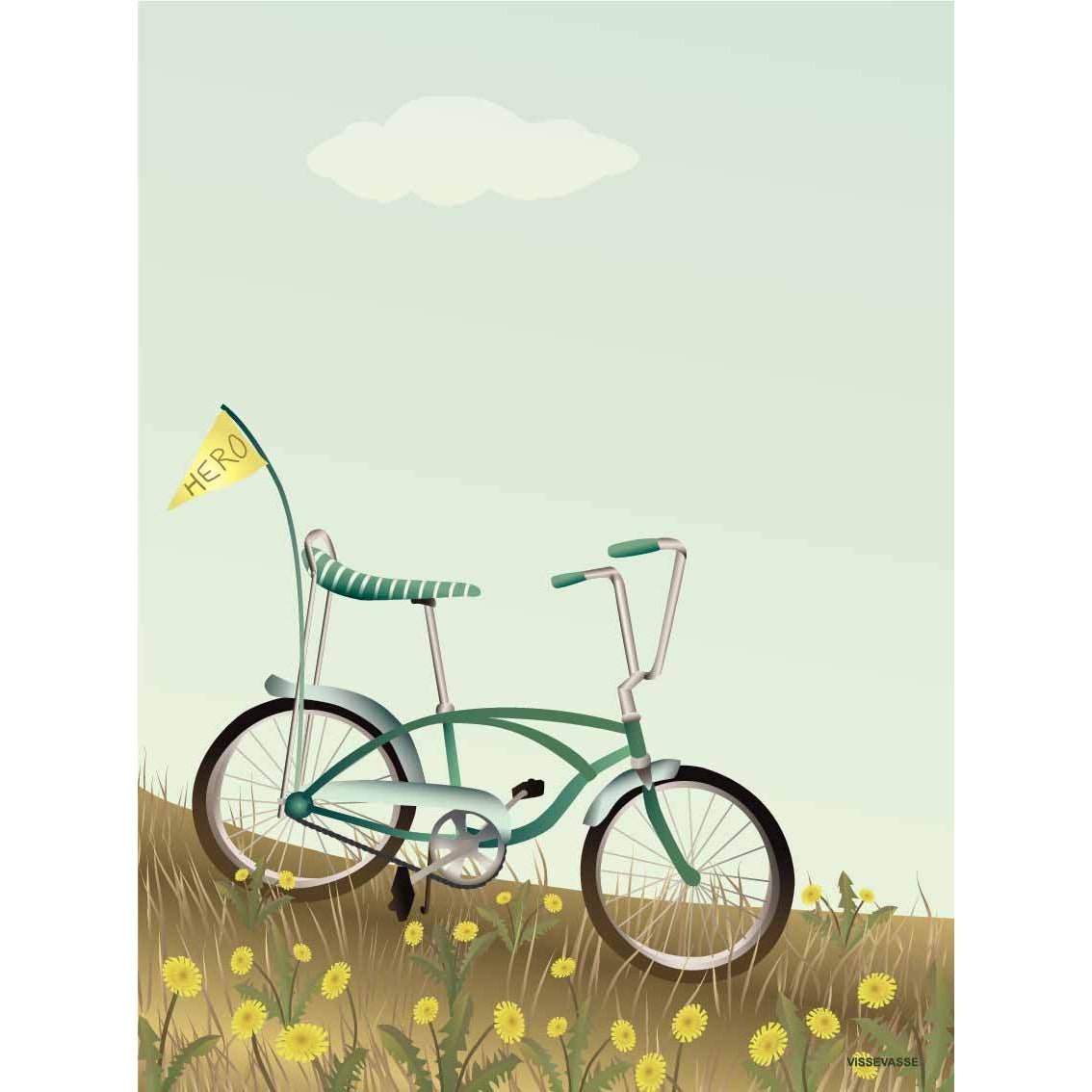 Vissevasse Cykel med en flaggsaffisch, 15 x21 cm