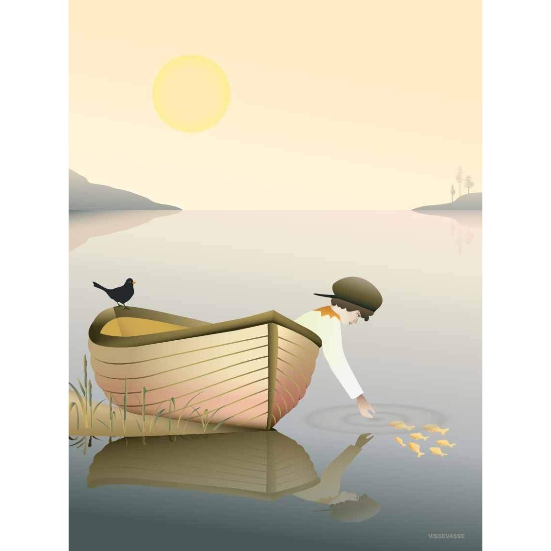 Vissevasse Pojke i en båt affisch, 15 x21 cm
