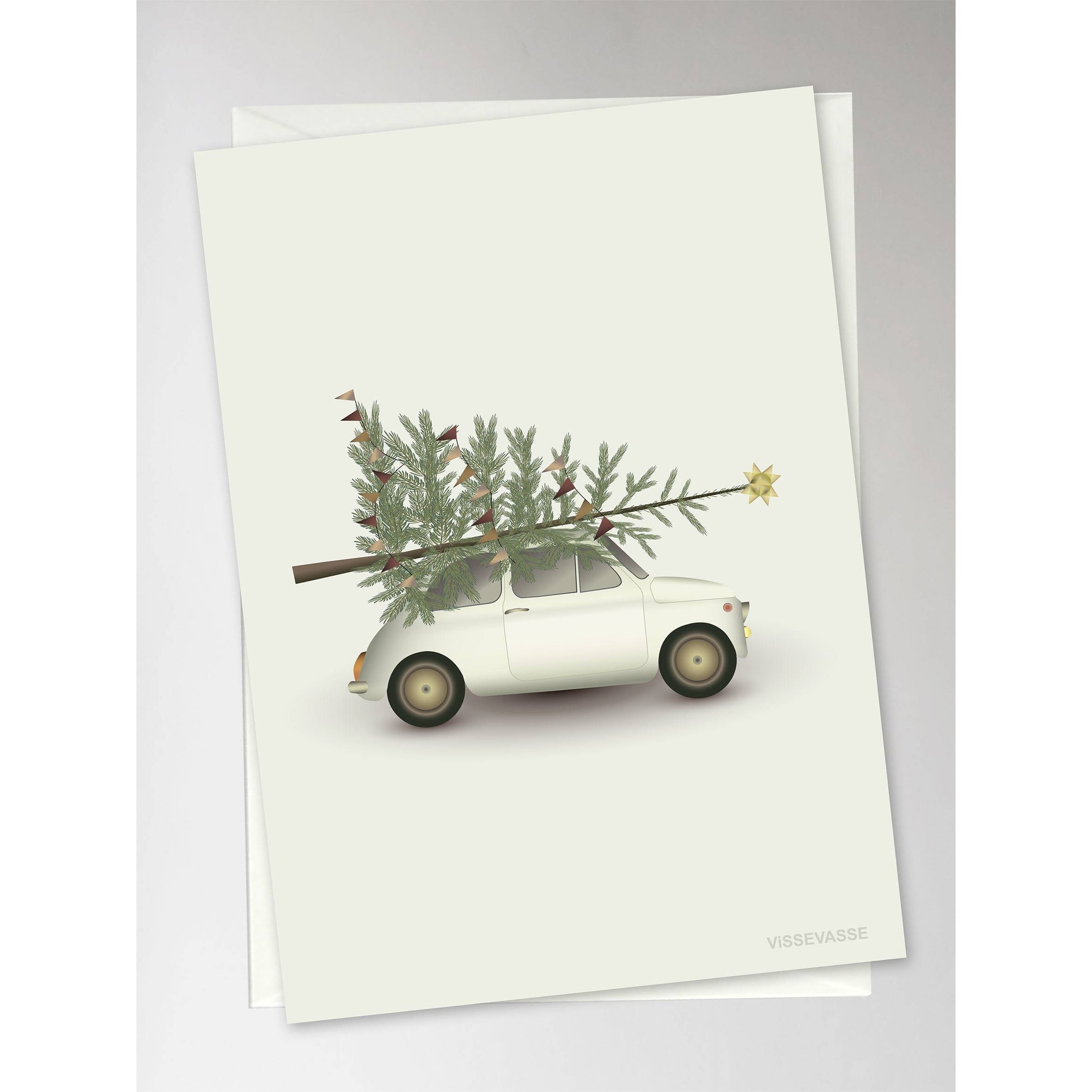 Vissevasse Carte de voeux d'arbre de Noël et petite voiture, 10,5x15cm