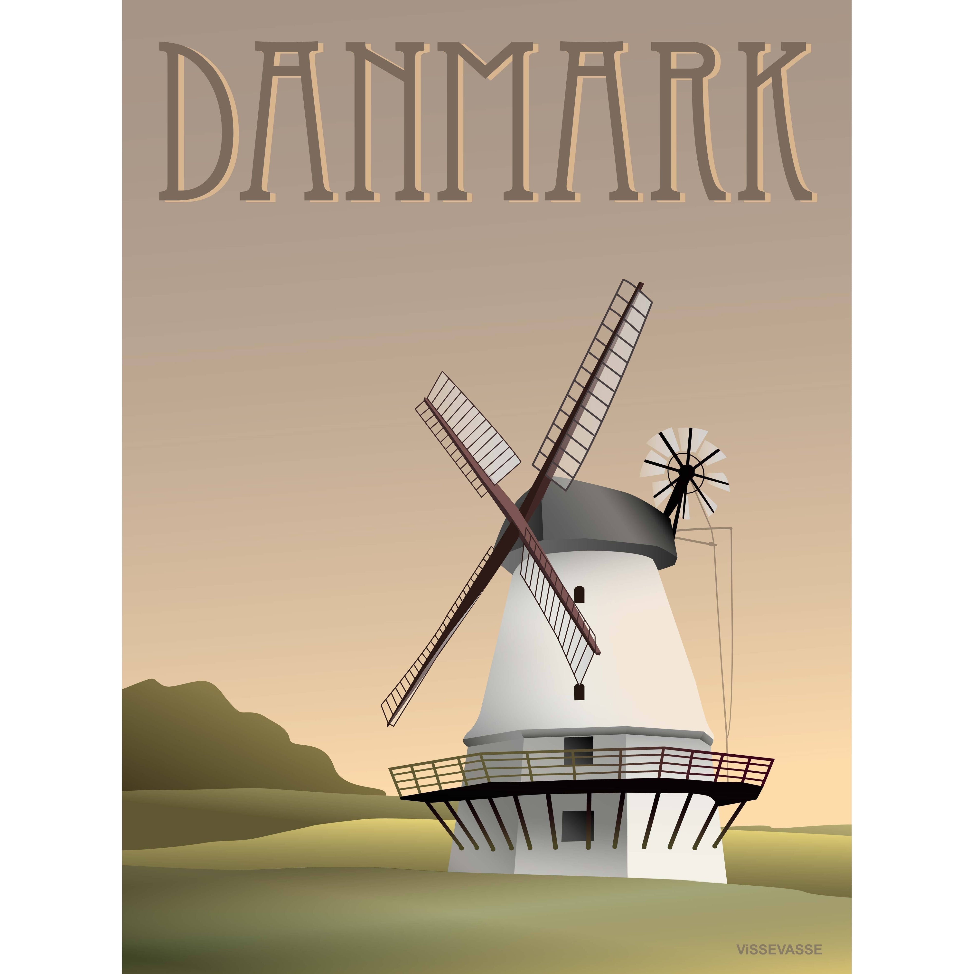 Vissevasse Danmark Mill Affisch, 15 x21 cm