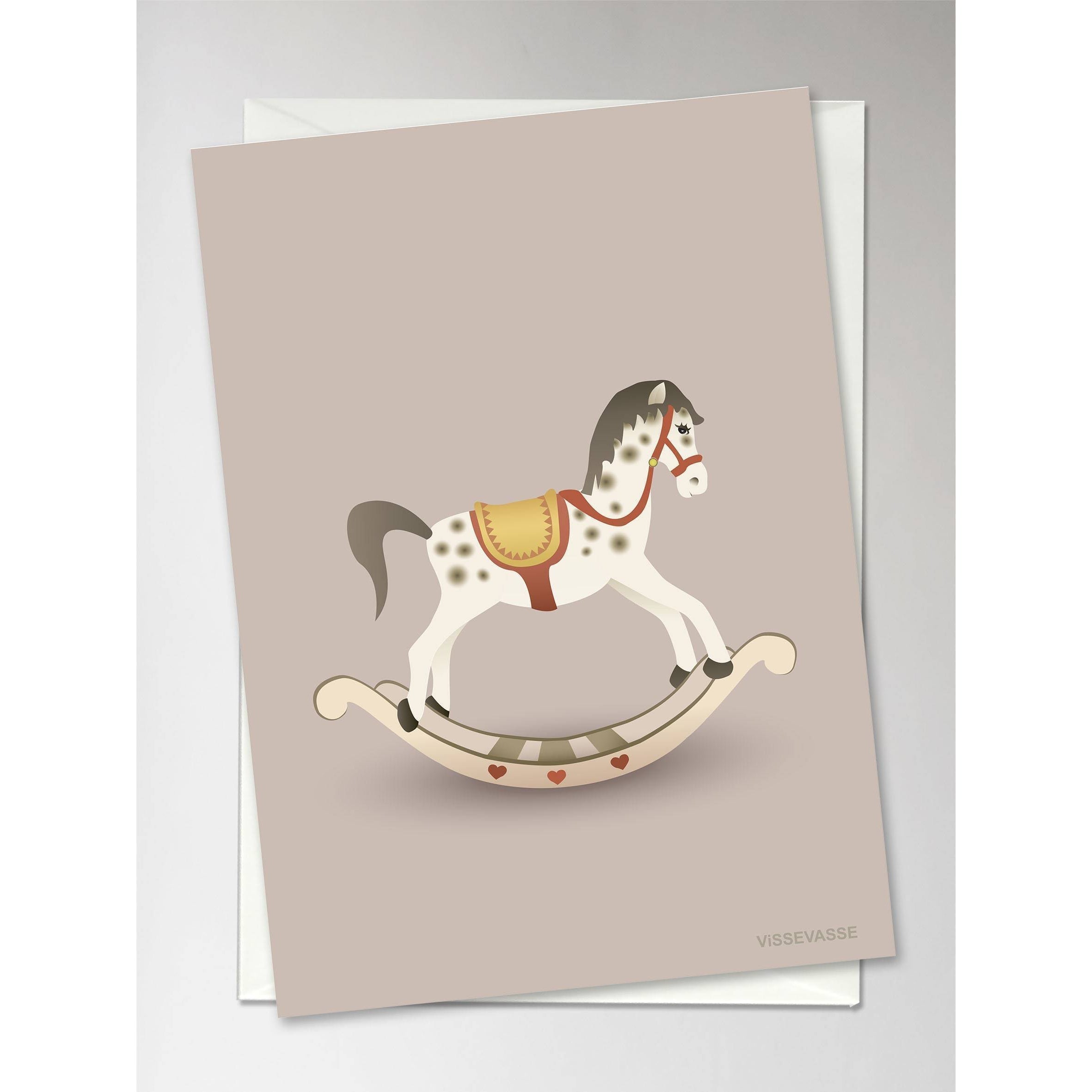 Vissevasse Rocking Horse lykønskningskort, lyserød, 10,5x15cm