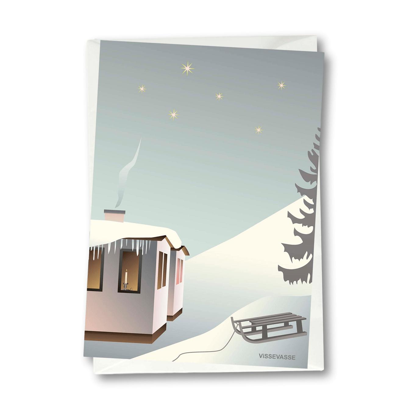 Vissevasse Slæde i sne lykønskningskort, 10,5x15 cm