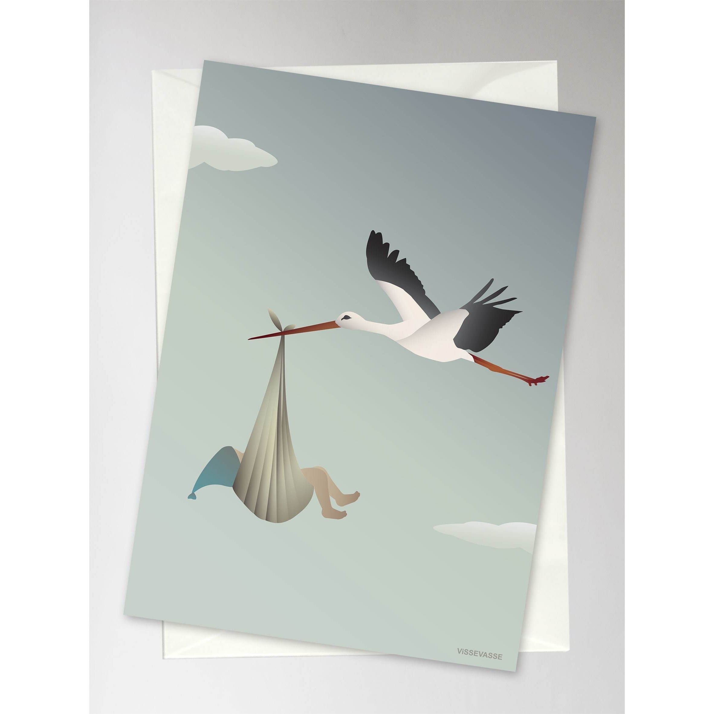 Vissevasse Stork gratulasjonskort 10,5 x15 cm, blå