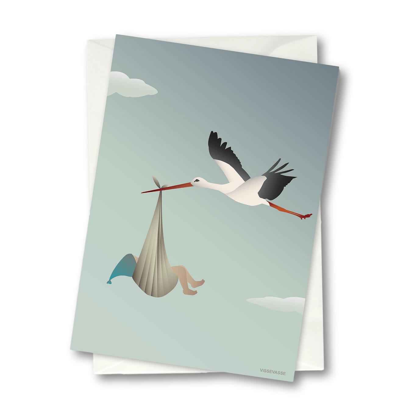 Vissevasse Stork gratulasjonskort 10,5 x15 cm, blå