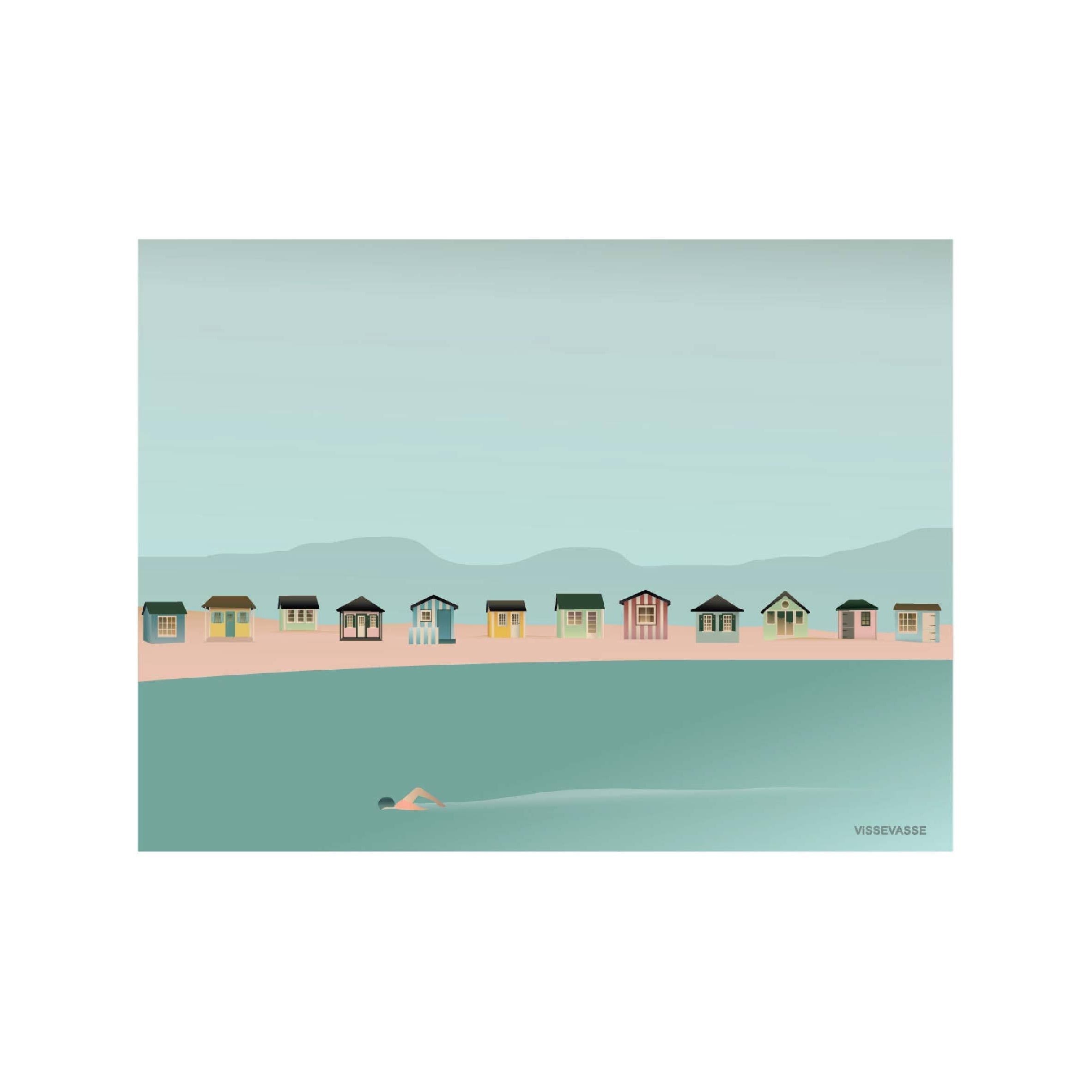 Vissevasse Beach Hut Coastline -affisch, 15 x21 cm