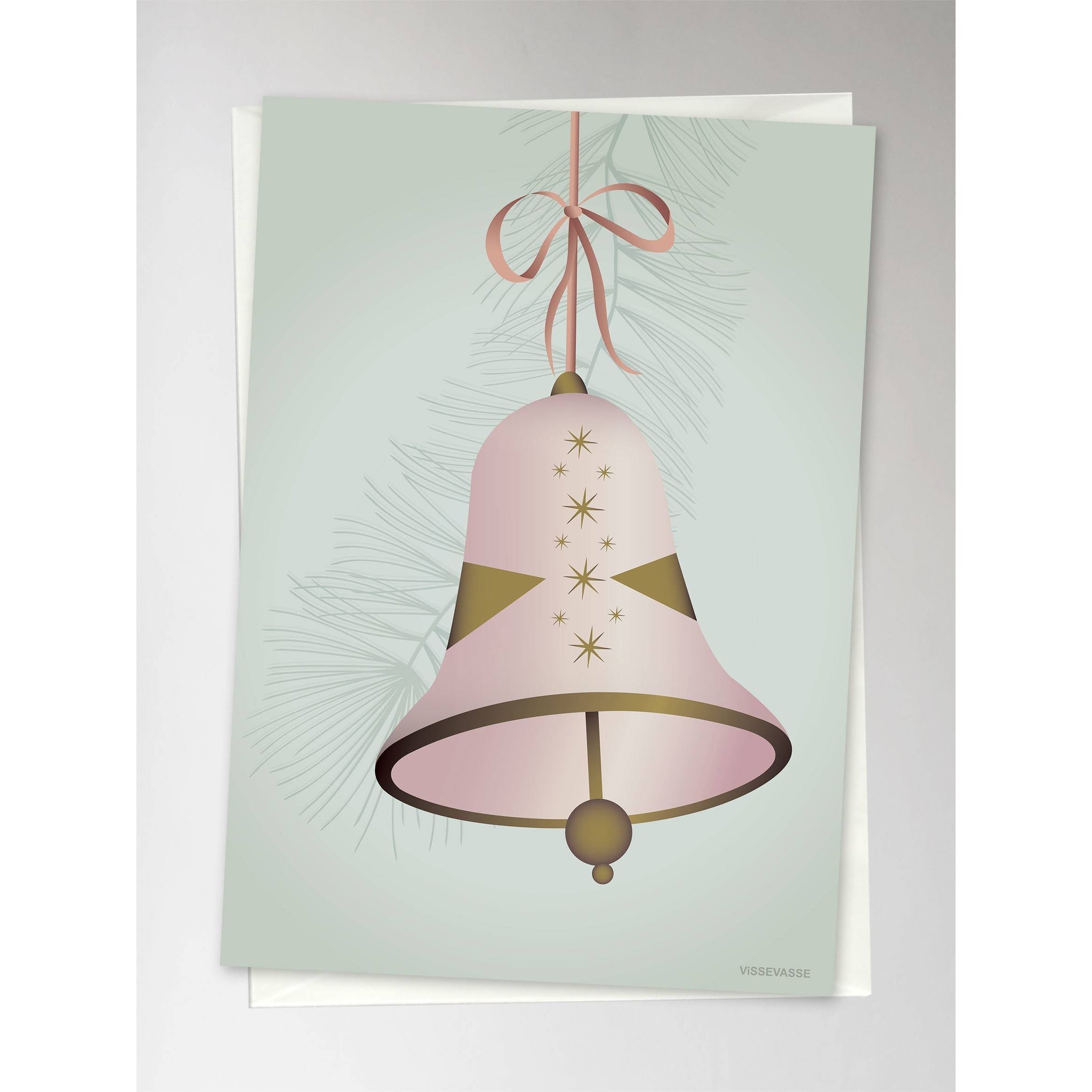 Vissevasse Juleklokke lykønskningskort 10,5 x15 cm, lyserød