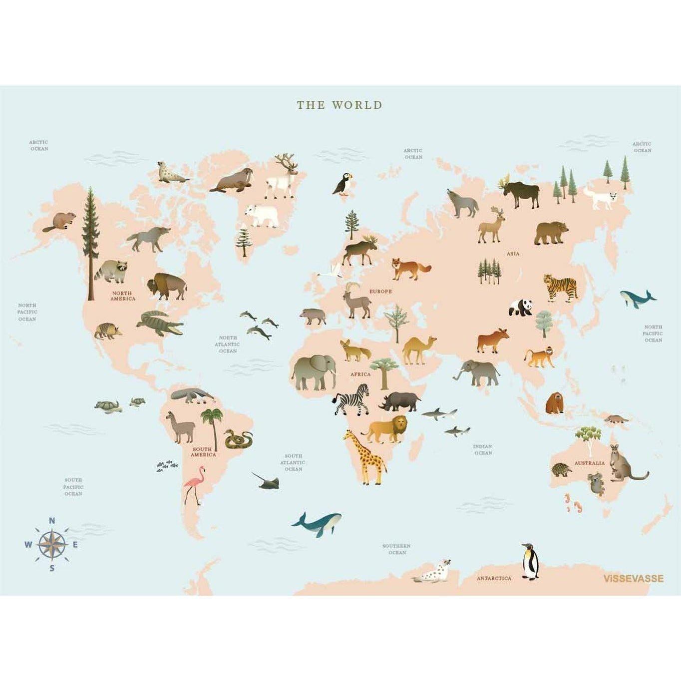 Vissevasse World Map Animal Poster, 30 X40 Cm