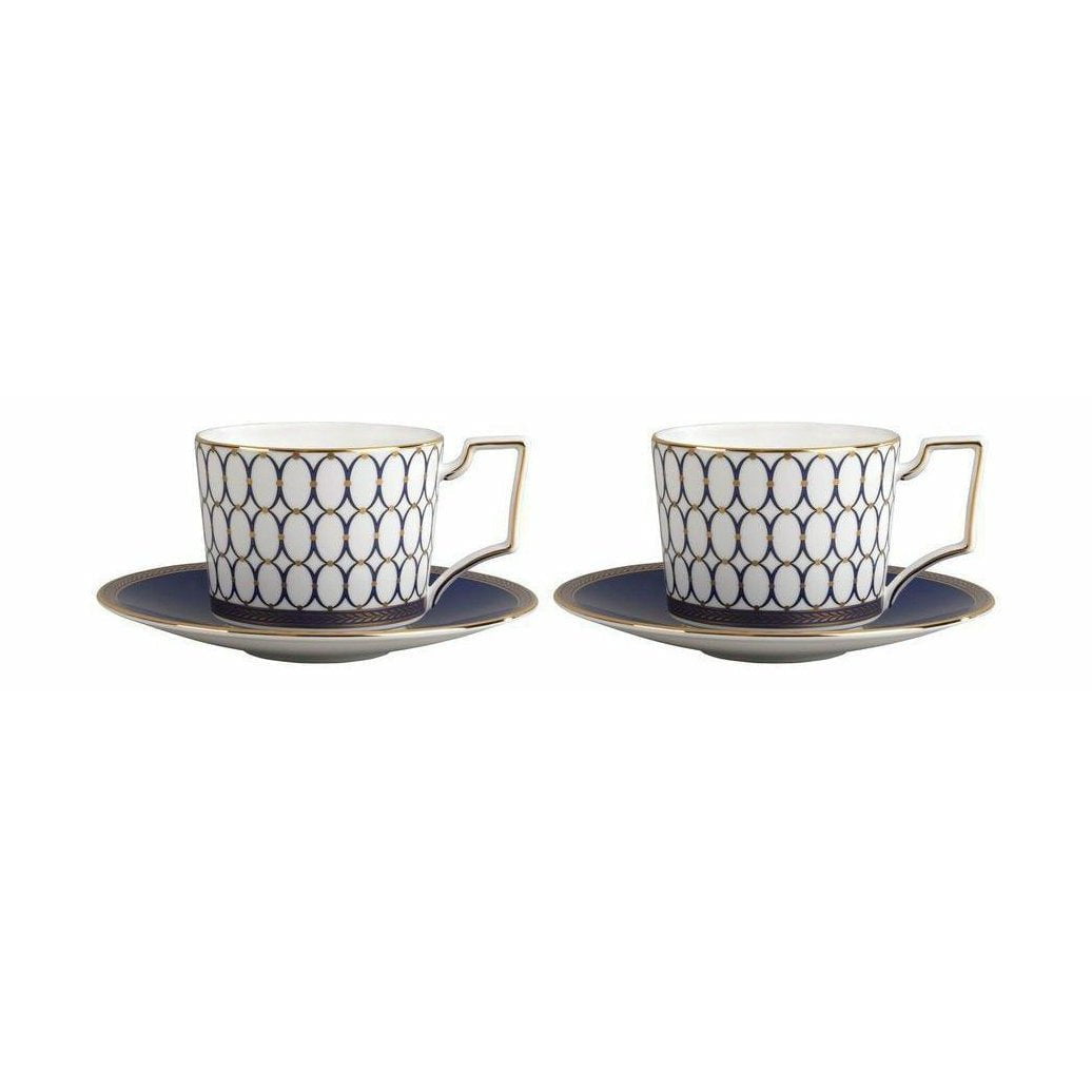 Taza de té de oro renacentista de Wedgwood y platillo 2 pcs., Blanco/azul